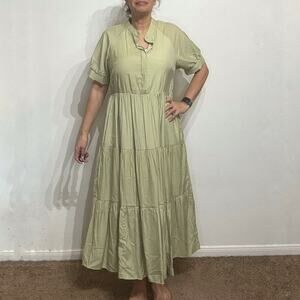 Fashion Sage Green Tiered Maxi Shirt Dress Sz L